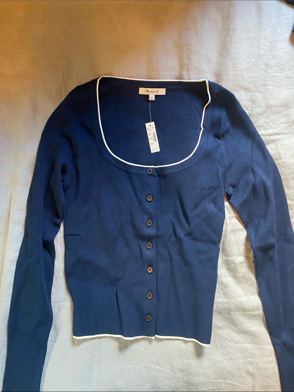 Madewell Navy Button-Front Square-Neck Cardigan with White Trim